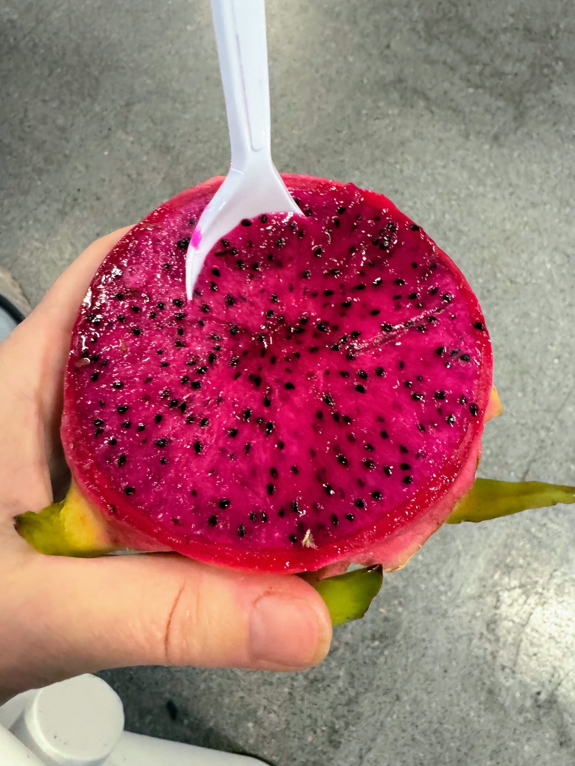 Spoon in a cut dragon fruit